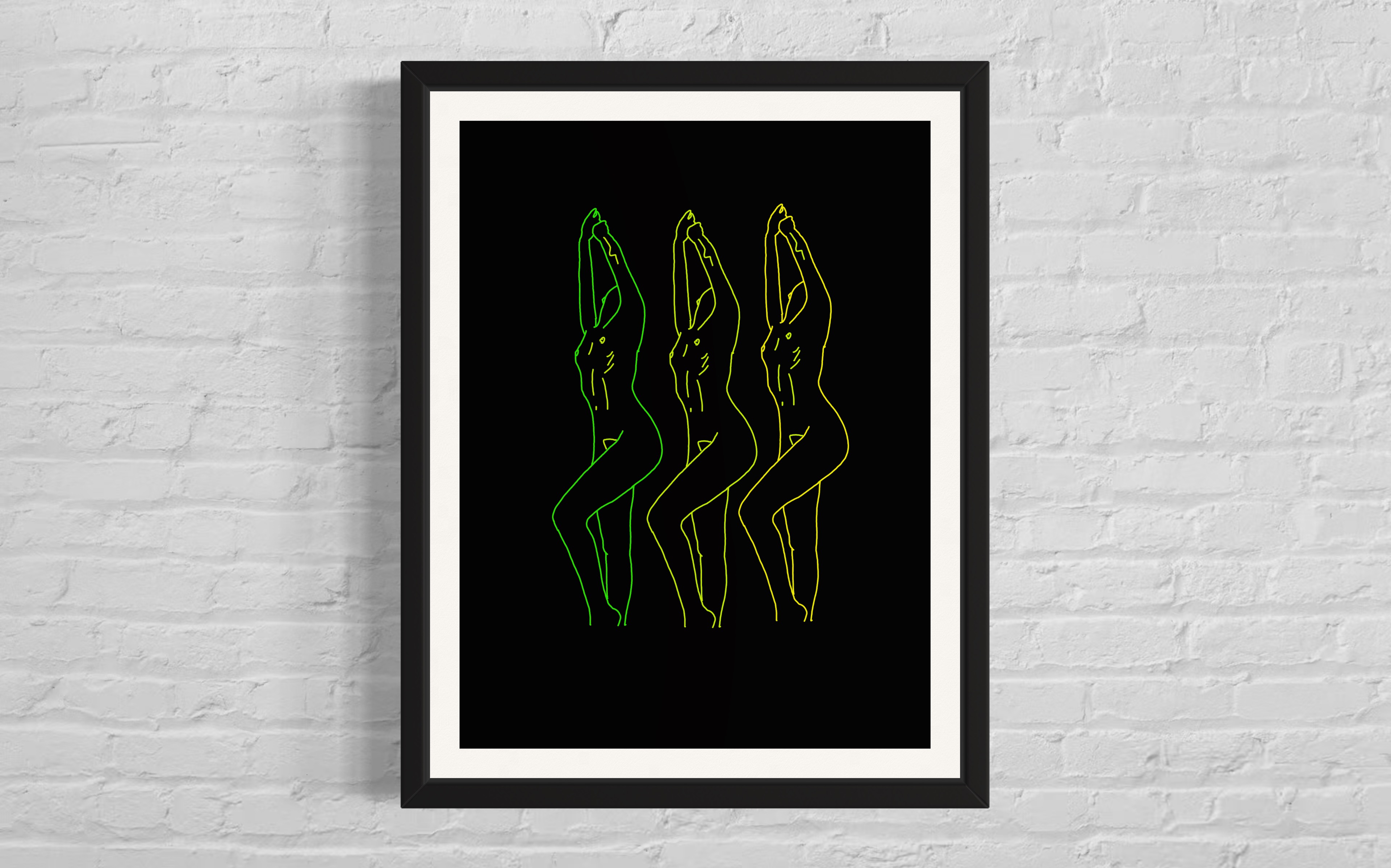 Neon green-to-yellow line trio silhouettes on black, framed