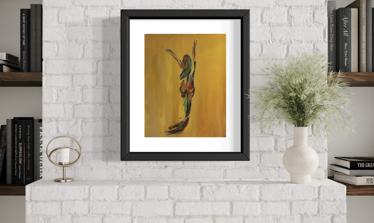 Yellow-ground figure with arms up, hung over mantel