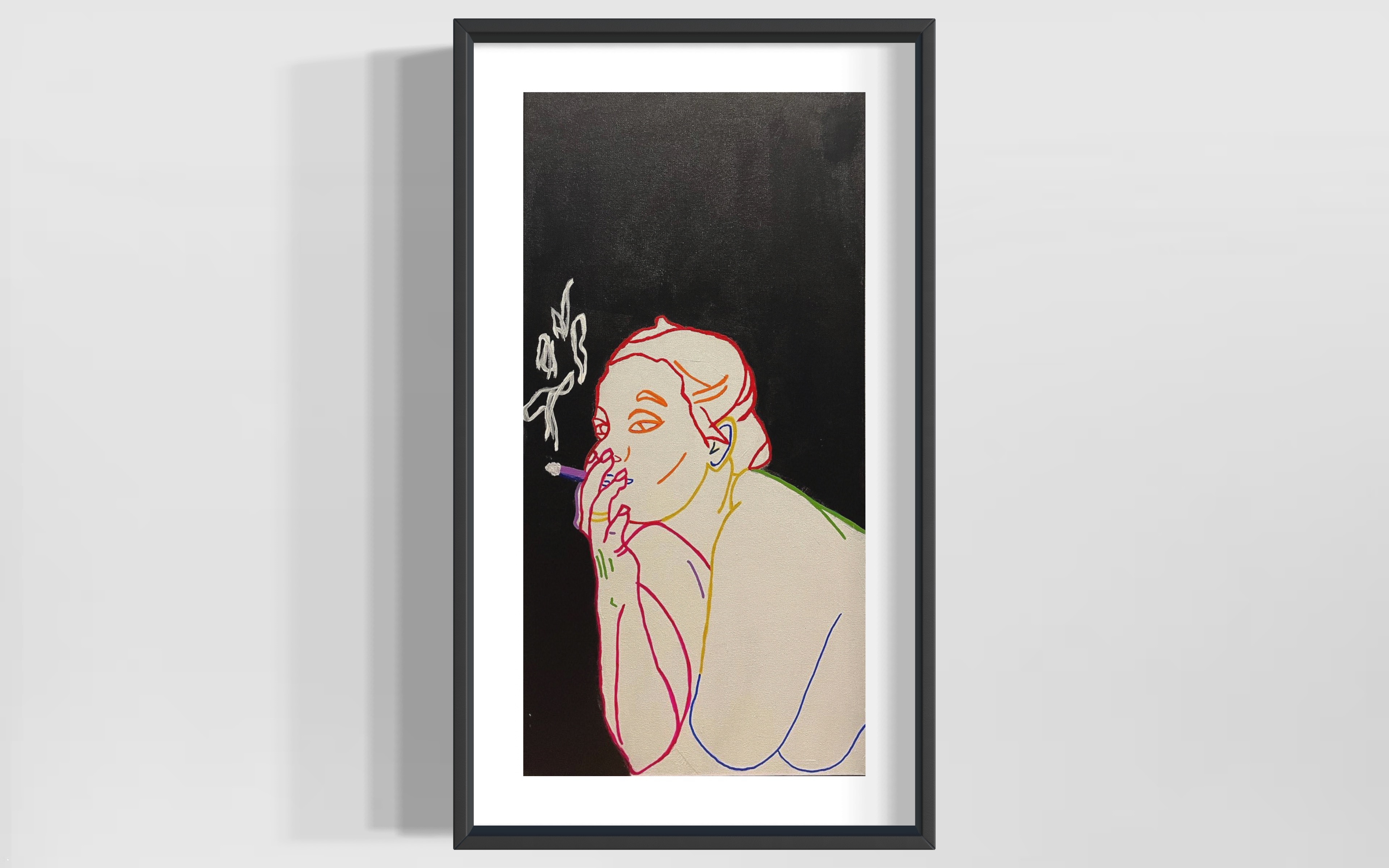 Multicolor line portrait on black and cream split field